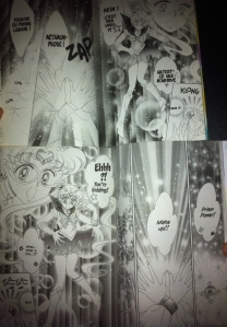 Comparaison de l'ancienne édition française (en haut - publiée dans le sens "français") et de l'édition Shinzôban américaine de Sailor Moon (en bas - publiée dans le sens "japonais") : on observe l'ajout d'une case dans la séquence de transformation, ainsi qu'une refonte de la posture de Usagi et de son collier
